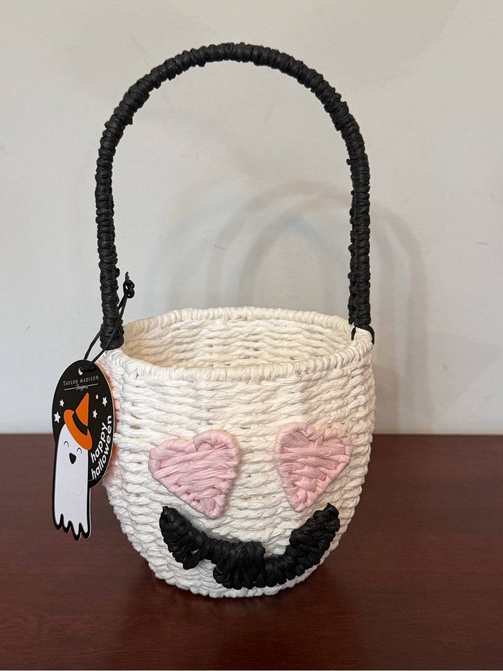 Taylor Madison Halloween Ghost Basket Pink Heart Eyes Woven Candy Bucket